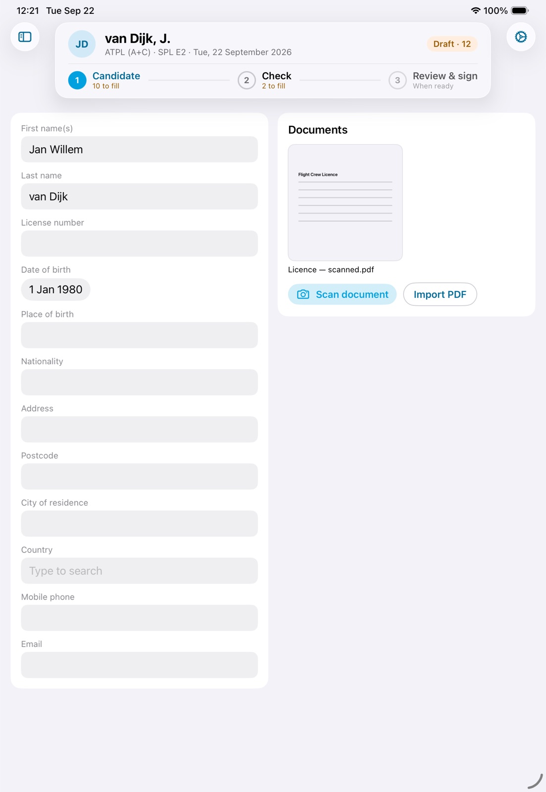 The Candidate stage: the candidate's details and the scanned licence