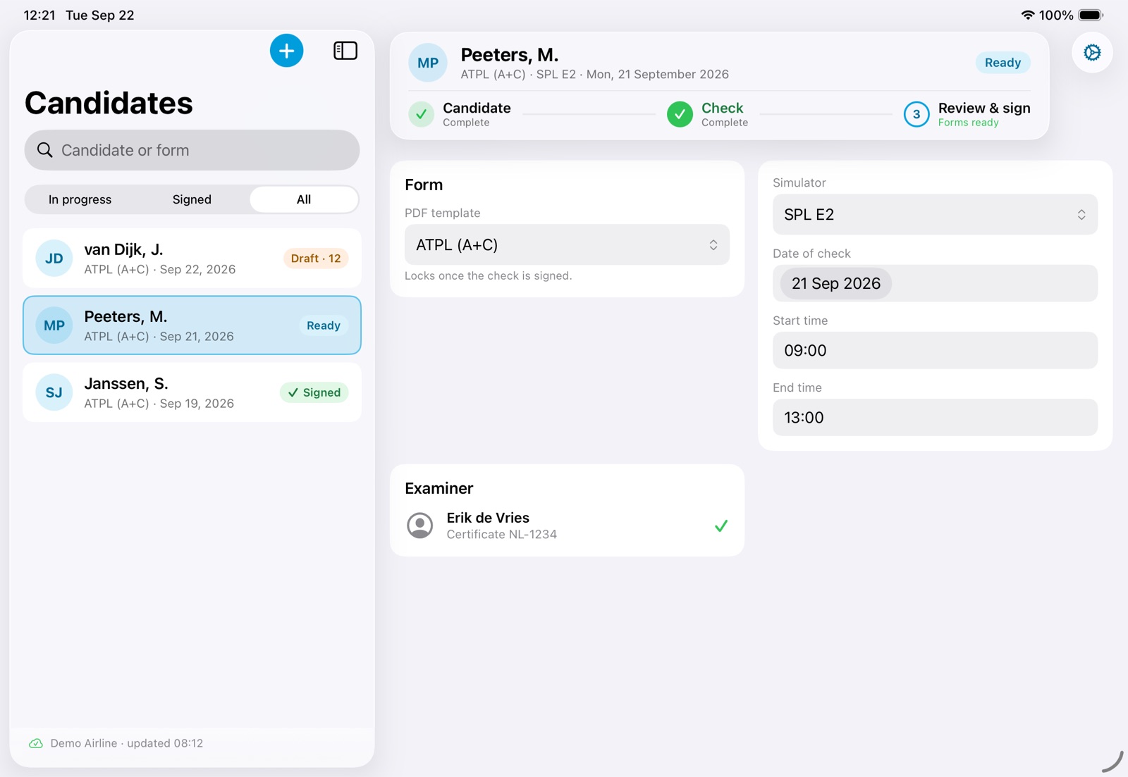The ExForms workspace on an iPad: the list of candidates, a check with its three stages, and the check's details