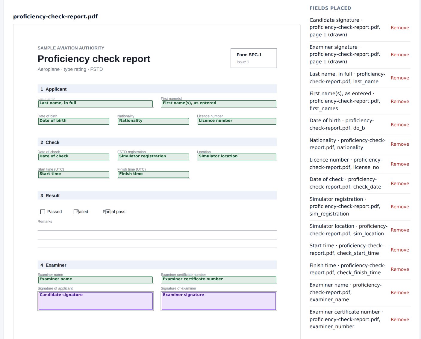 The form builder: a sample authority form with the place for each answer marked