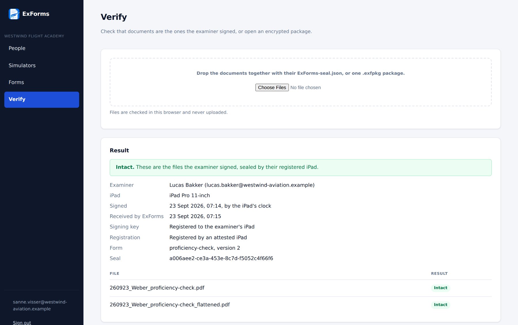 The Verify page reporting Intact: the examiner, the iPad, when it was signed, and each document